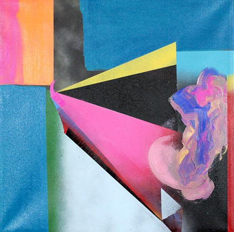 The distance painting, abstract space with teal, pink and orange