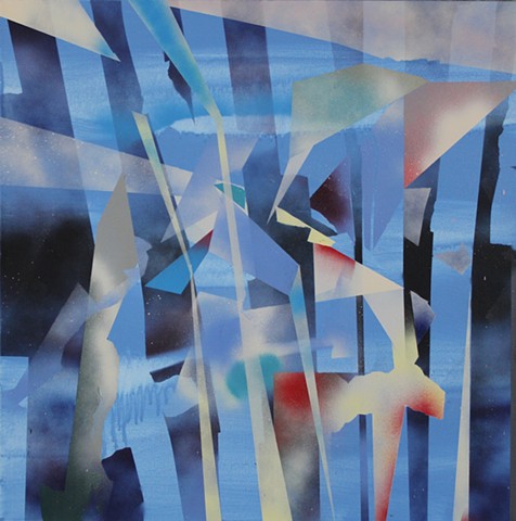 vertical patterns and planes, blue composition geometric abstract painting by Kyle Miller artist