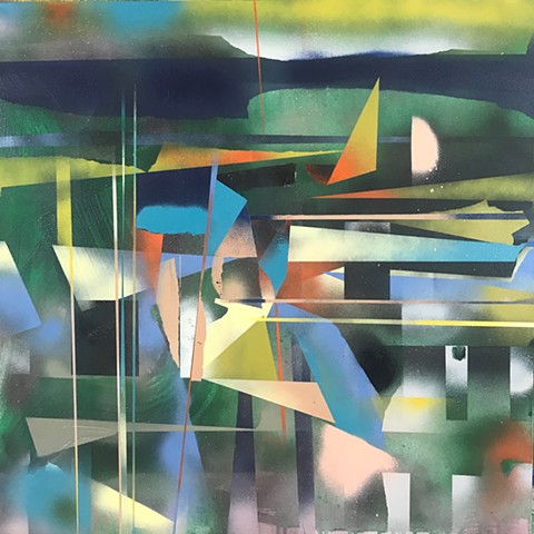spray paint abstract landscape, abstract painting, mixed media, splash and drips,, dada, geometric abstraction, pink green painting by kyle a miller