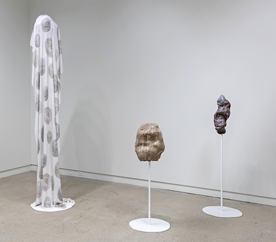 installation view: 'turn that brown upside down' showing 'Ghostface/Glacierface Pillar' and 'Untitled Blobs'