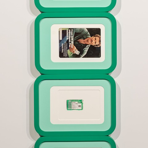 Tom Selleck stack with image of found Excel gum pack photographed and printed to scale, the colours of which determined the colours of the frames