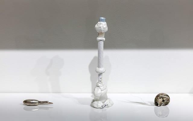 detail showing: 'Tiny Silver and Bronze Drumstick Seabeast with Various Sticks', 'Sculpture for confused lonely feelings', 'Ammolite reanimated with plastic wisp'