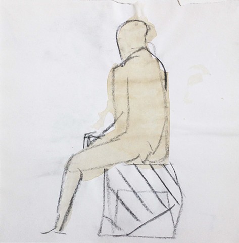 Nude Sitting on the Stool, Striped Drapery. 