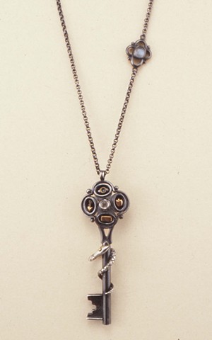 Heather Croston "Serpents Key" necklace, sterling silver, 18k gold, moonstones