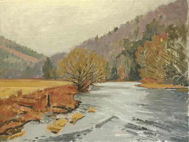 oil painting of the Delaware River West Branch at Delhi NY by Richard Kirk Mills