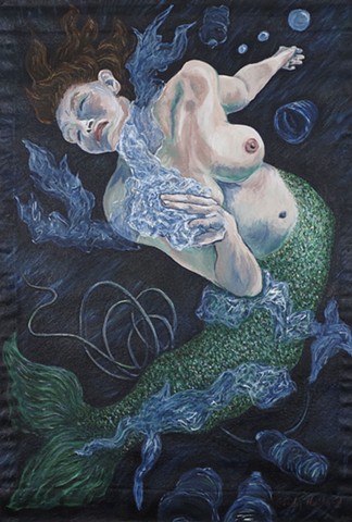 Mermaid wrestling with ocean debris