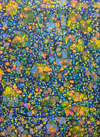 blues, yellow, green, abstract, patterned, decorative, cheerful, colorful, detailed