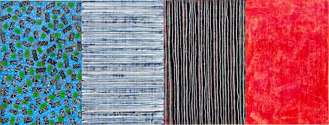 blues, black, red, mixed media, canvas, paper, painting, cheerful, bright, black and white, stripe, acrylic