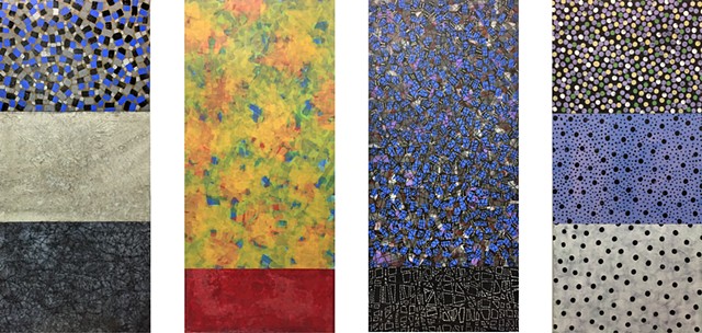 Gray, Blue; Yellow Deep Red, Black; Dots, White, dots, yellow, abstract, colorfield, on paper, mixed media