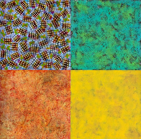 Mixed media, canvas, paper, orange, yellow, green, blue, minimal, cheerful, playful, pattern