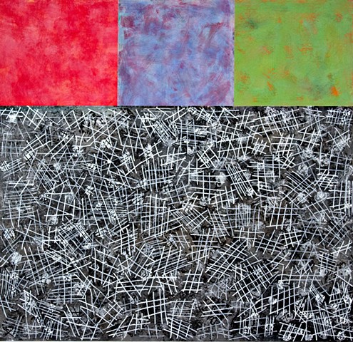 red, green, black, blue, silver, mixed media, canvas