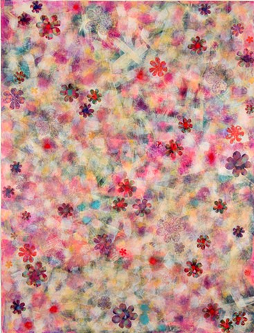 Pale, flowery, acrylic skins, mixed media, soft, feminine, lovely, pink, red, yellow