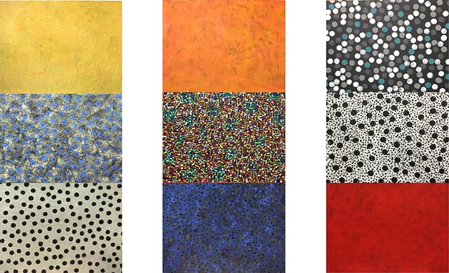 polka dots, red, orange, pattern, minimal, colorfield, blue, mixed media