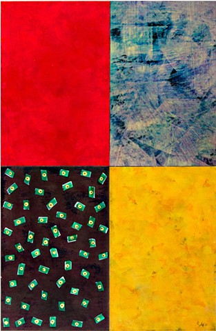 abstract, grey-blue, red, yellow, black, bright, paper, canvas, mixed media