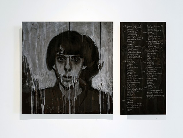 Ash, charcoal and oil on burned panel. Adam Lanza. Sandy Hook Elementary. School Shooting