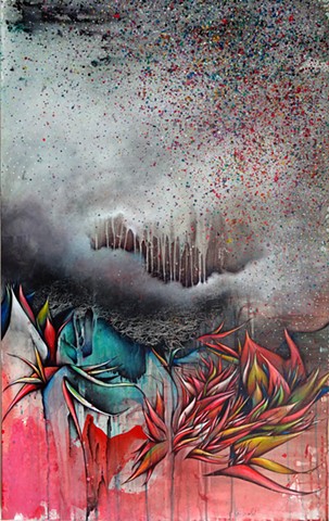 abstract painting of feathers and storm cloud