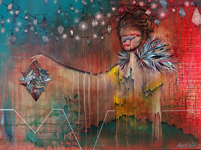 Carnival themed art, woman at the Fair holding birdcage with colorful feathers
