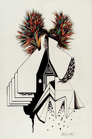 Black and white surreal geometric draing of person with colorful feathers