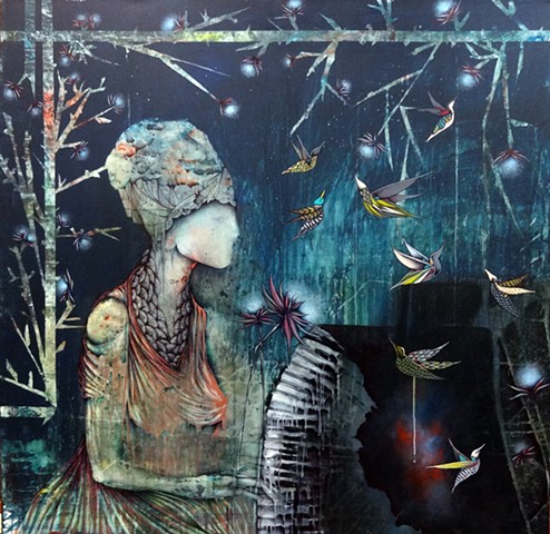 Surreal Painting of Woman Playing Piano with Birds