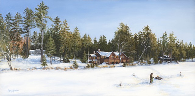 Oil Painting of houses from the shore of Kezar Lake in Winter