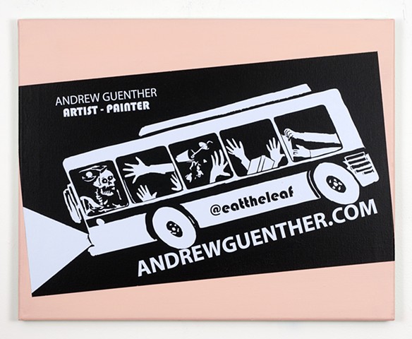 business card painting with out of control bus and instagram account 