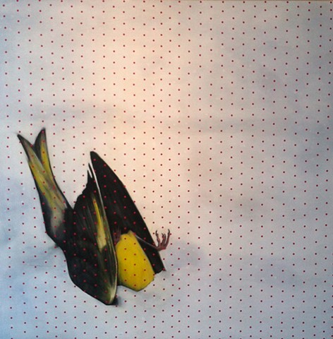 canary, finch, bird in snow, dead bird, headless bird. bird painting, dots