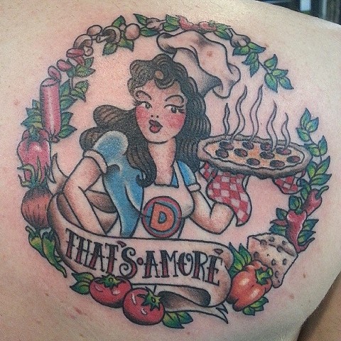 Pizza Pinup Tattoo by Mike Hutton