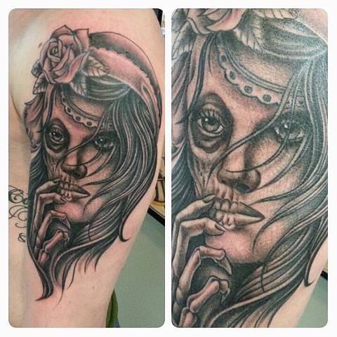 Skull Faced Girl Tattoo by Mike Hutton