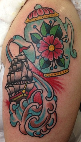 Ship & Tea pot Tattoo by Greg Christian
