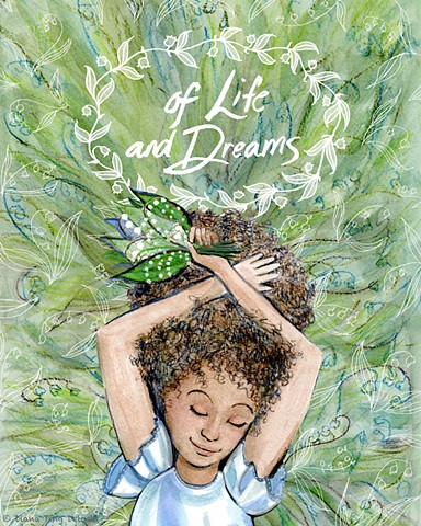 A girl day dreams in a field of lily of the valley with a hand lettered title, "Of Life and Dreams".