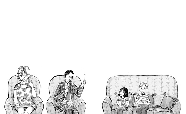 greyscale art of family sitting in living room with dinner perched on their knees