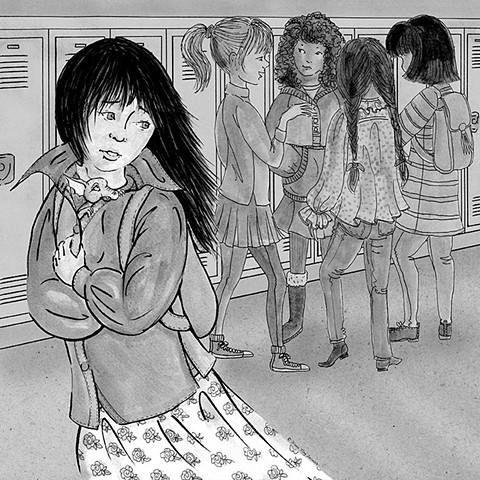 Asian girl, walking past a group of girls in her new school hall way.