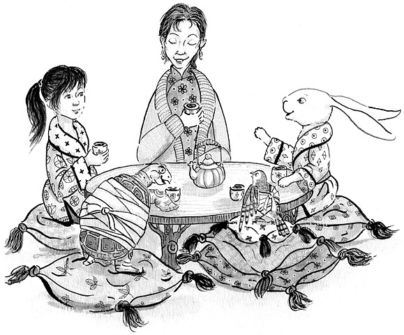 Greyscale art of a girl, lady, rabbit, bird and tortoise having tea at a low table.