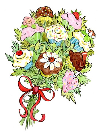 Illustration of a bouquet made of cupcakes for a greeting card design