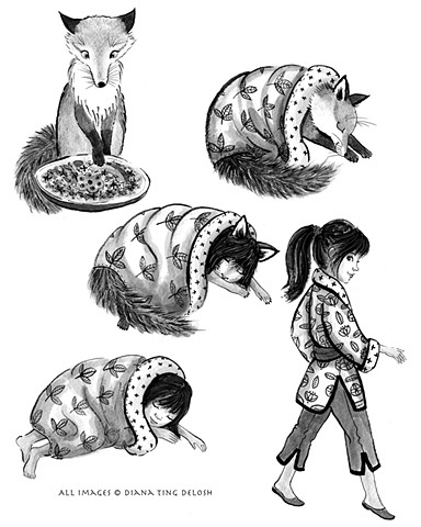 5 gray scale spot illustrations of a Fox changing into a girl  
