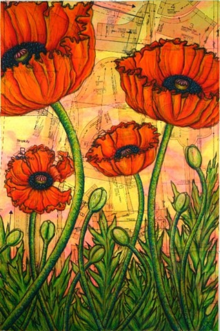 Patterned Poppies (right panel of triptych)