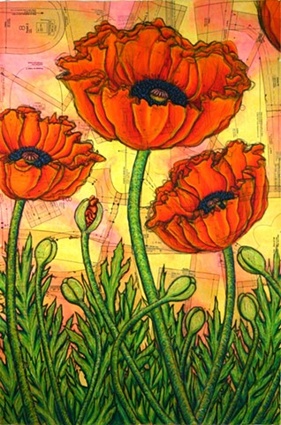 Patterned Poppies (left panel of triptych)