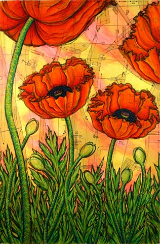 Patterned Poppies (middle panel of triptych)