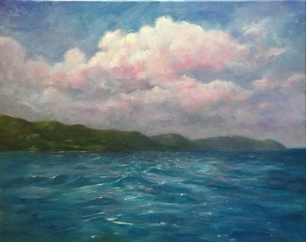 pink clouds over Cane Bay, oil on canvas, 16"x20"