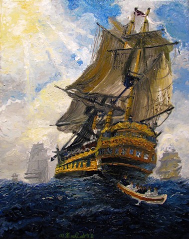 Inspired by Peter Monamy's Harbor Scene: An English Ship with Sails Loosened Firing a Gun