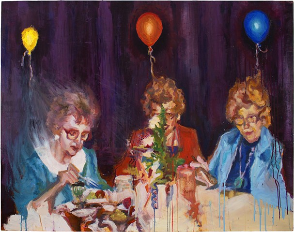 Brian Mouhlas Grandmas Balloons Dinner Table Party Birthday Figure Figurative Expressionism Magic Realism Oil Painting Cuyahoga County Parma Strongsville Ohio Cleveland Art Contemporary Art Contemporary Painting HEDGE Art Gallery 2016