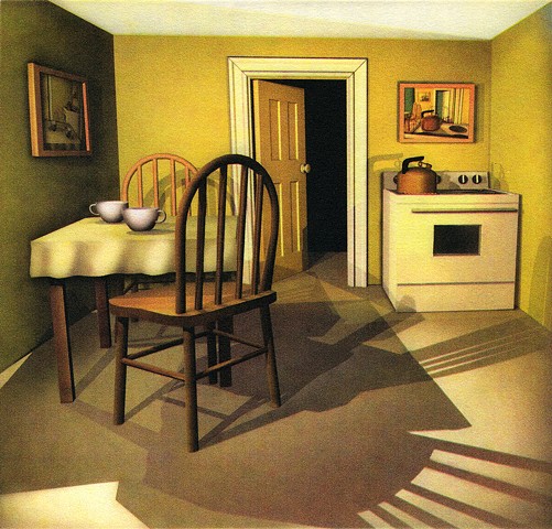 Kitchen scene, table, 2 chairs, cups, shadows on floor, voices in your head