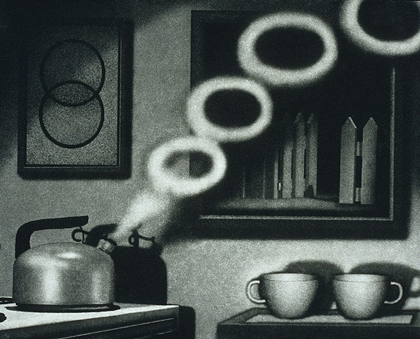 Black and white kitchen scene, coffee cups, tea kettle blowing smoke rings of distress