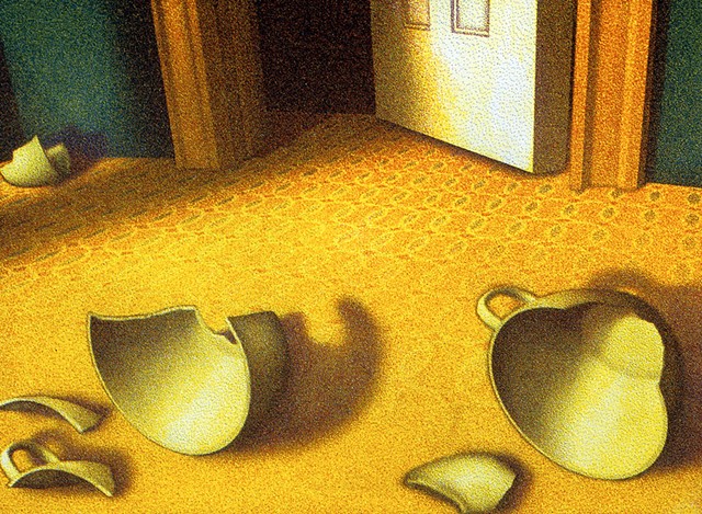 Broken cups on patterned floor, doorway
