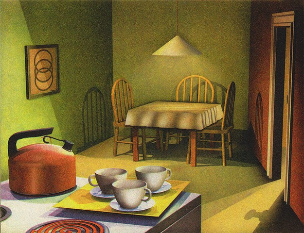 tea kettle and three cups, three's a crowd, kitchen scene