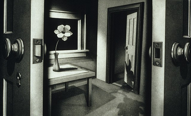 Black and white scene, doorway, flower on table, shadow of a rabbit on door