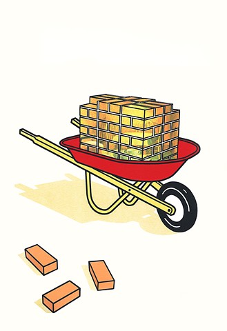 wheelbarrow, bricks, one brick short