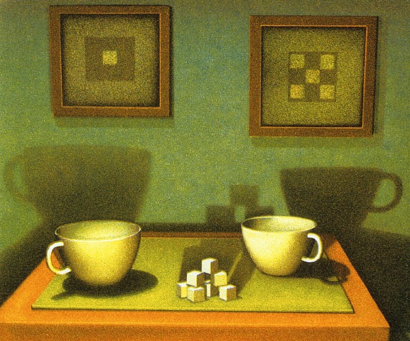 Coffee or tea cups and sugar cubes on a kitchen table, measuring up