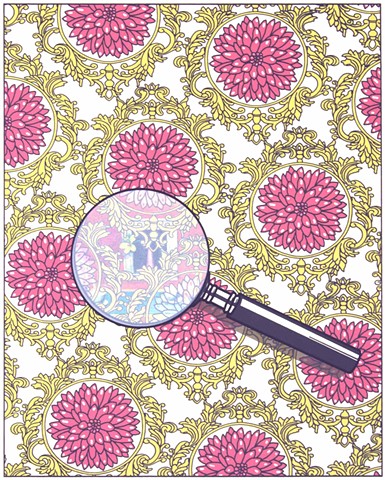 Screenprint with flower pattern and magnifying glass