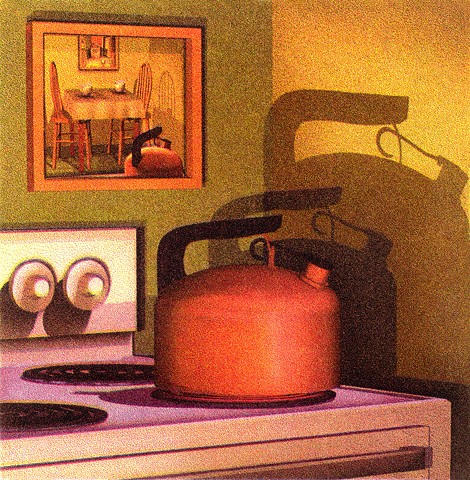 Tea kettle on stove, mirror behind, watching